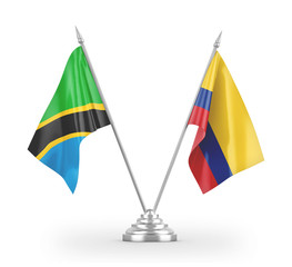 Colombia and Tanzania table flags isolated on white 3D rendering