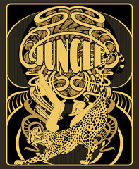 Jungle. Vector  hand drawn  illustration of girl on cheetah  isolated. Creative artwork. Template for card, poster, banner, print for t-shirt, label,  patch.