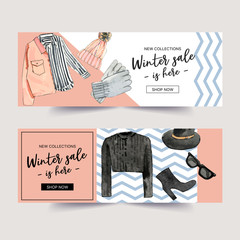 Winter style banner design with shirt, jacket, sweater, boots watercolor illustration.
