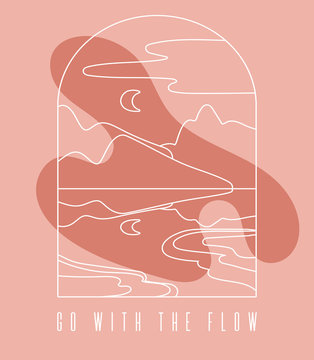 Go with the flow. Vector  hand drawn  minimalistic  landscape. Creative line artwork with abstract shapes. Template for postcard, poster, banner, print for t-shirt, label,  patch.