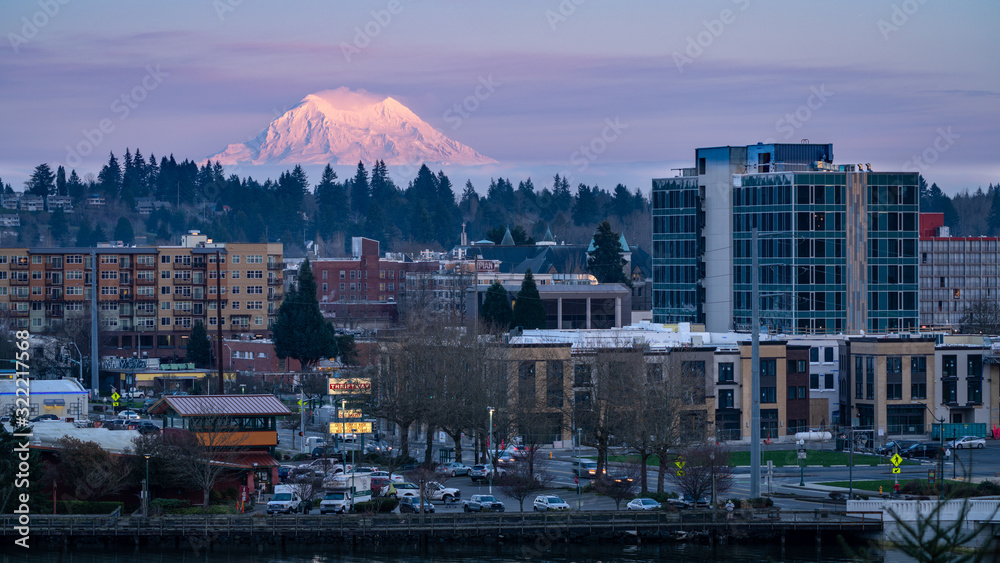 Wall mural downtown olympia washington with mount rainier in the background during sunset