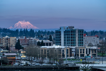 Downtown Olympia Washington With Mount Rainier In The Background During Sunset