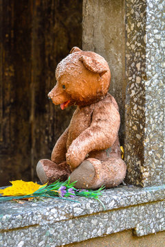 Teddy bear toy, yellow maple leaf, old crypt with child burial in cemetery