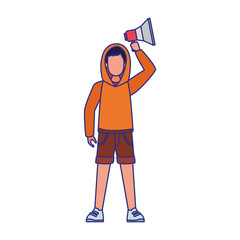 cartoon young man using a sweater and holding up a megaphone