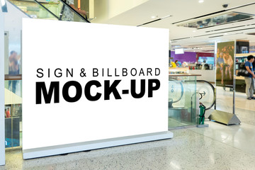 Mock up large blank horizontal billboard on stand near escalator