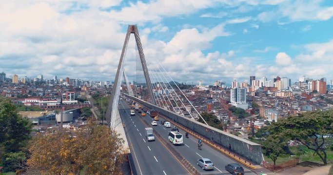 Viaduct Pereira city, Colombia aerial view tilt down cars