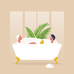 A couple of gay character taking a clawfoot vintage bathtub full of soap foam together, relaxation and body treatment, romantic homosexual relationships