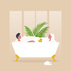 A couple of character taking a clawfoot vintage bathtub full of soap foam together, relaxation and body treatment, romantic relationships