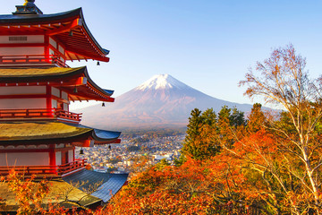 Chureito Pagoda with Fuji Mountain Background in Autumn, Japan