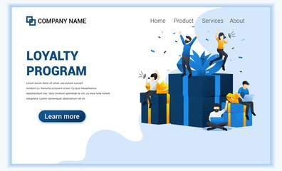Loyalty program and rewards concept with happy people near big gift boxes. Can use for landing page web banner, infographics, landing page, web template. Vector illustration