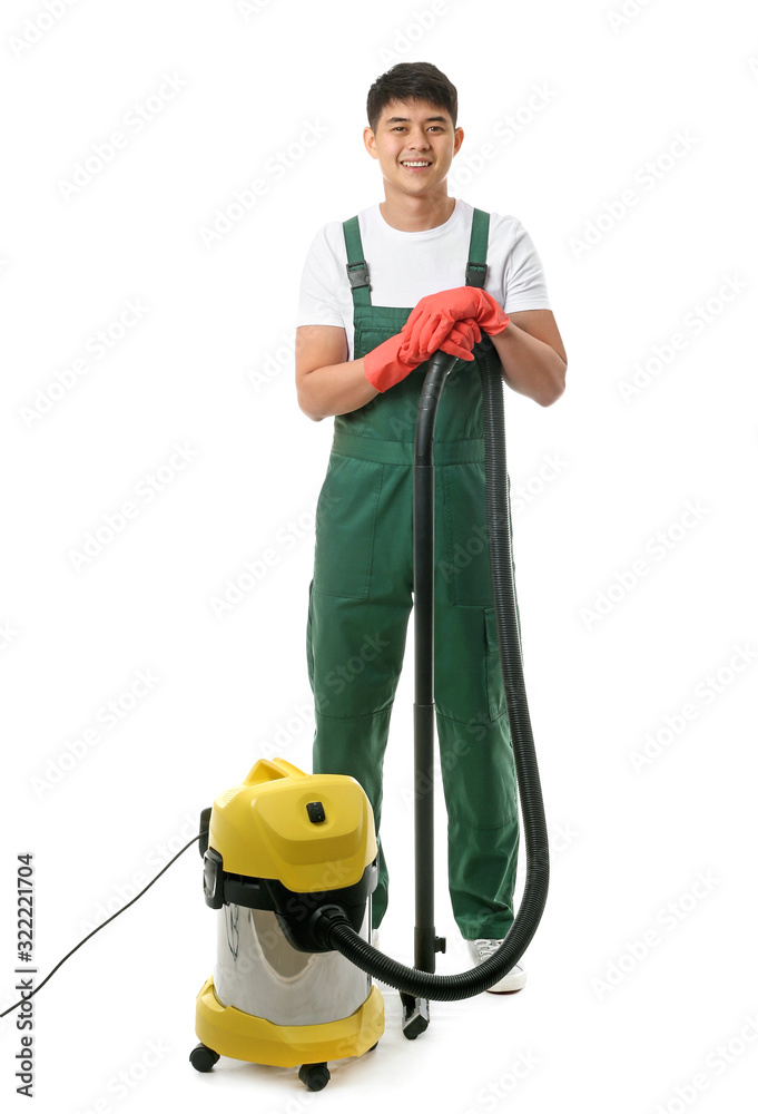 Canvas Prints asian janitor with vacuum cleaner on white background