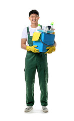 Asian janitor with cleaning supplies on white background