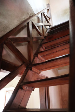 Kenongo building in the Taman Sari area. Taman Sari is the site of former royal garden of the Sultanate of Yogyakarta - Traditional wooden stairs