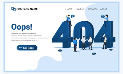 404 error page not found concept with people trying to fix error on website page near big symbol 404. Can use for web banner, landing page, website template. Modern flat vector illustration