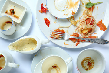 Dirty empty dishes on white background