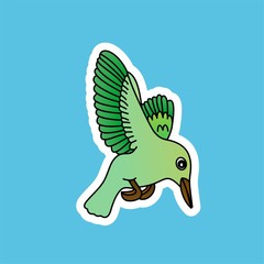 Sticker of Green Bird Cartoon, Cute Funny Character, Flat Design