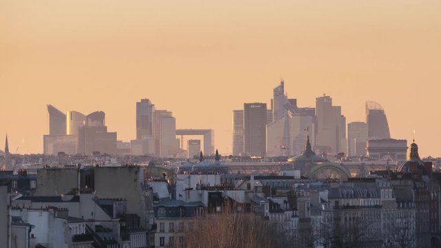 Business district of Paris, La Défense, from the city at sunset