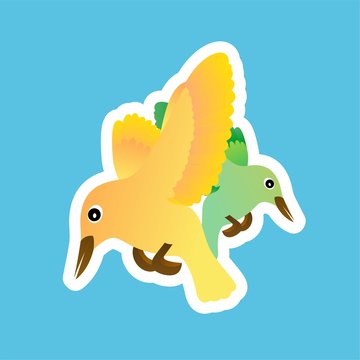 Sticker of Yellow and Green Bird Cartoon, Cute Funny Character, Flat Design