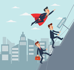 Super Business man and business woman. Cartoon superhero standing with cape waving in the wind