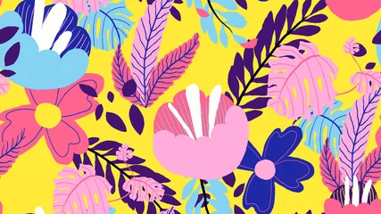 Poster Botanical seamless pattern, various hand drawn flowers and leaves on yellow © momosama