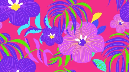 Fototapeten Botanical seamless pattern, various hand drawn flowers and leaves on pink © momosama