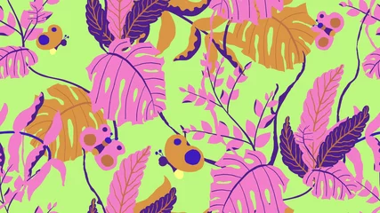 Poster Botanical seamless pattern, various hand drawn flowers and leaves on green © momosama