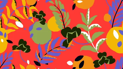 Keuken spatwand met foto Botanical seamless pattern, various hand drawn flowers and leaves on red © momosama