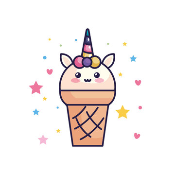 cute unicorn ice cream with hearts and stars decoration