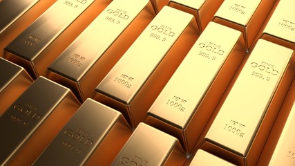 Closeup shiny gold bar arrangement in a row. Busienss Gold future and financial concept. 3D...