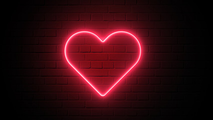 Red heart shape neon light on dark wall backgorund. Abstract and decoration concept. Happy...