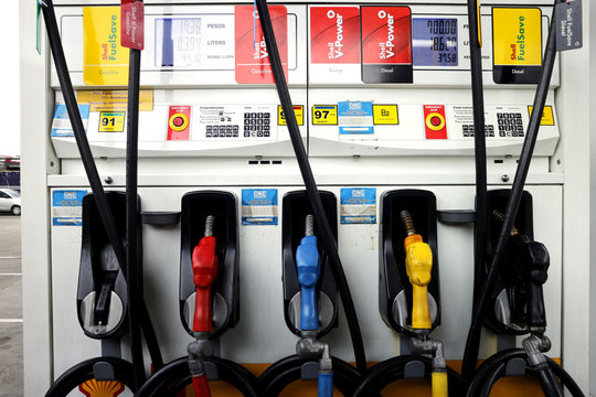 Fuel pump with labels at a gas refilling station