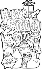 Many monsters, various colors, doodle Come to bless on the birthday Colorful, fun. It is an illustration, greeting card. And various things.