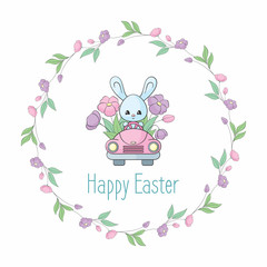 Easter design with cute bunny in the car. Colorful vector illustration isolated on a white background.