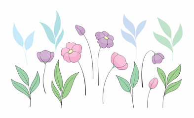 Beautiful spring flowers set. Colorful vector illustration isolated on a white background.