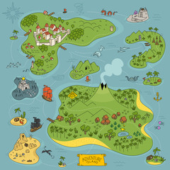 Board game kit. Adventure island map. Fantasy area. Pirates, sea monsters, mountains and city. Cartoon colored hand drawn vector. © Ilia