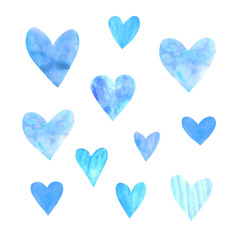 Set of blue watercolor hearts. Perfect for creating romantic postcards and Valentines Day decor. Hand drawn. Isolated on white background