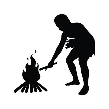 Ancient human with bonfire silhouette vector