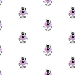 Cute seamless pattern with hearts and cats. Romantic texture for backgrounds, wrapping paper, packaging, greeting cards, prints, covers, fabric, textile, birthday, Valentines Day, halloween