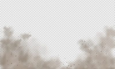 Dust cloud, sand storm, powder spray on transparent background. Desert wind with cloud of dust and sand. Realistic vector illustration. - obrazy, fototapety, plakaty