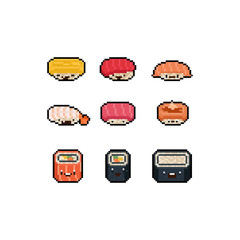 Pixel art cute cartoon sushi charactger set.