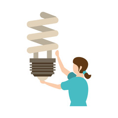 woman lifting economy bulb light spiral icon