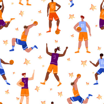 Basketball players seamless pattern - muscular people with ball run and jump, sport team traning, endless texture or background for textile, digital paper or wrap - vector illustration