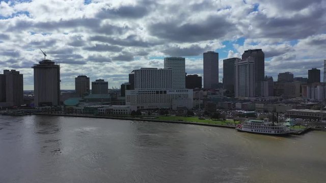 Aerial panning the City of New Orleans from the Mississippi River