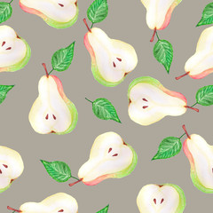 Watercolor pears seamless pattern. Hand drawn pattern. Abstract background Design of organic food. Surface background. Isolated background Cloth design. White background