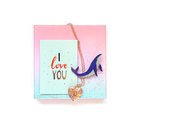 blue whale and love card with jewelry heart. Valentine's day, 14 February holiday concept, modern minimal composition. flat lay. 