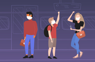 subway passengers in masks protection against influenza epidemic MERS-CoV wuhan 2019-nCoV pandemic health risk public transport full length horizontal vector illustration