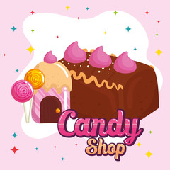 poster of candy shop with cake chocolate and candies