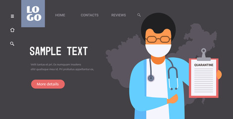 coronavirus infect control diagnosis concept doctor in mask holding quarantine clipboard epidemic MERS-CoV wuhan 2019-nCoV horizontal copy space portrait vector illustration