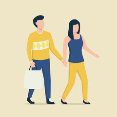 couple walk together shopping with shopping bag with flat style