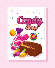 poster of candy shop with cake chocolate and candies